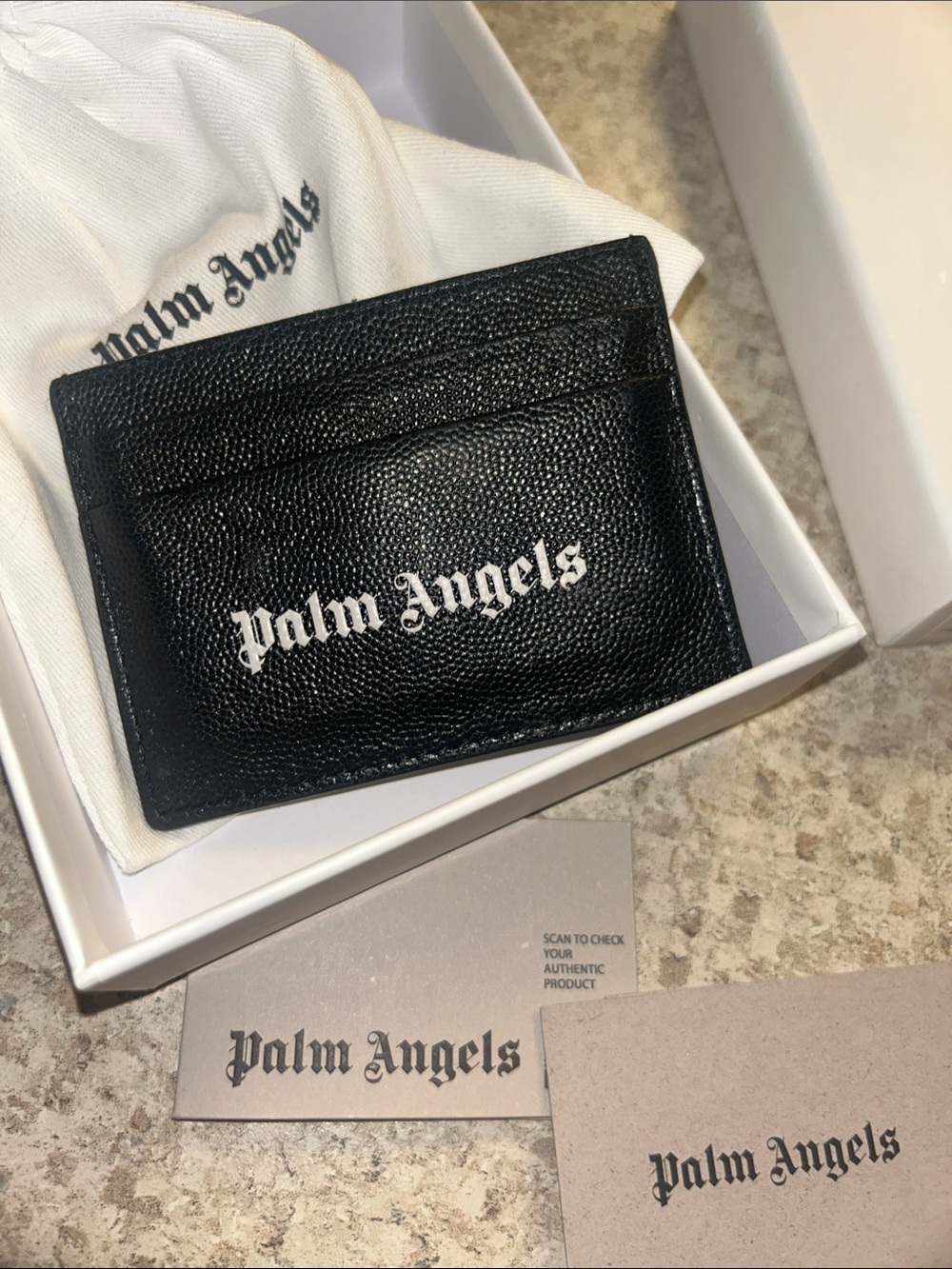 Palm Angels Black Leather Card Sleeve with White Logo